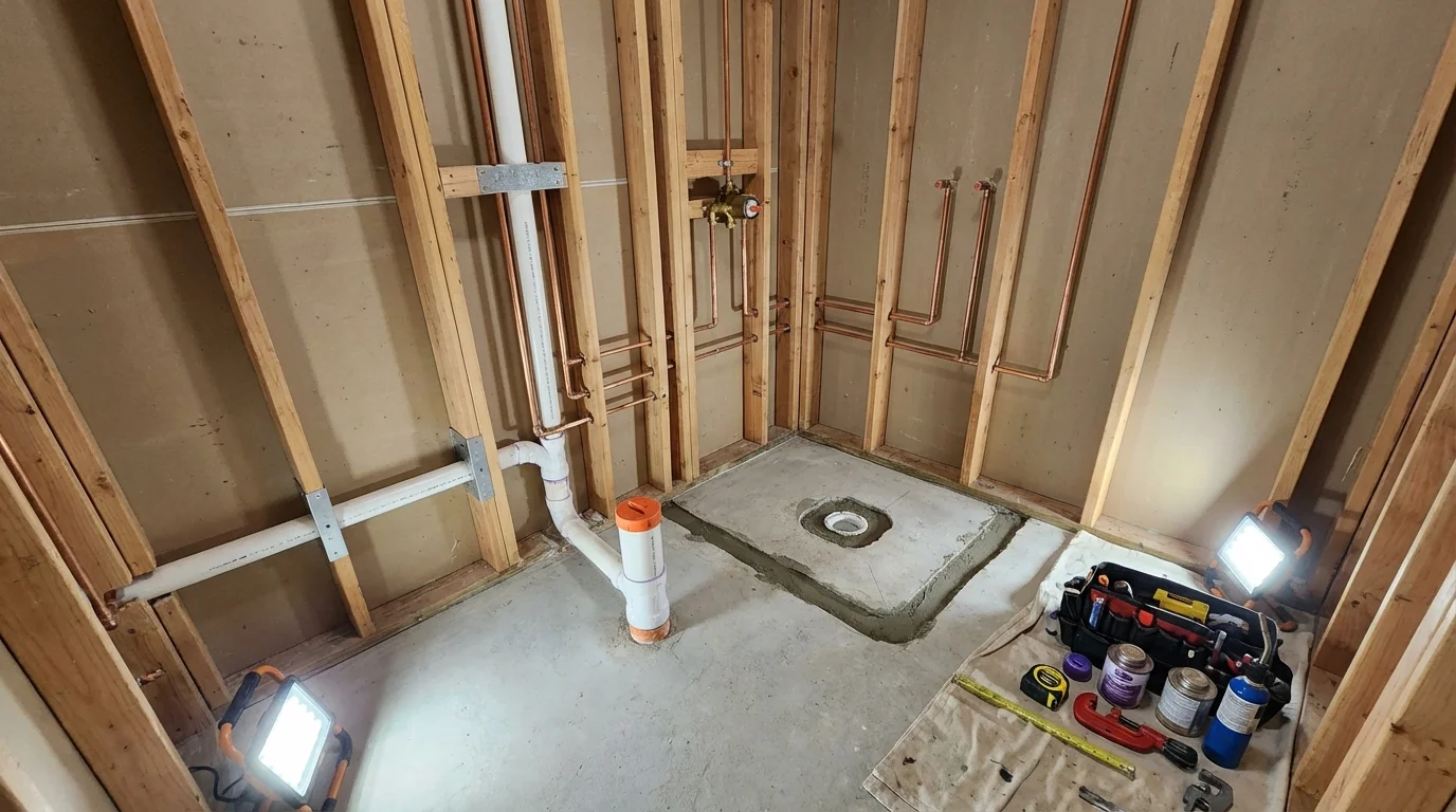 Bathroom rough-in plumbing during remodel by Johns Plumbing LLC in Cary