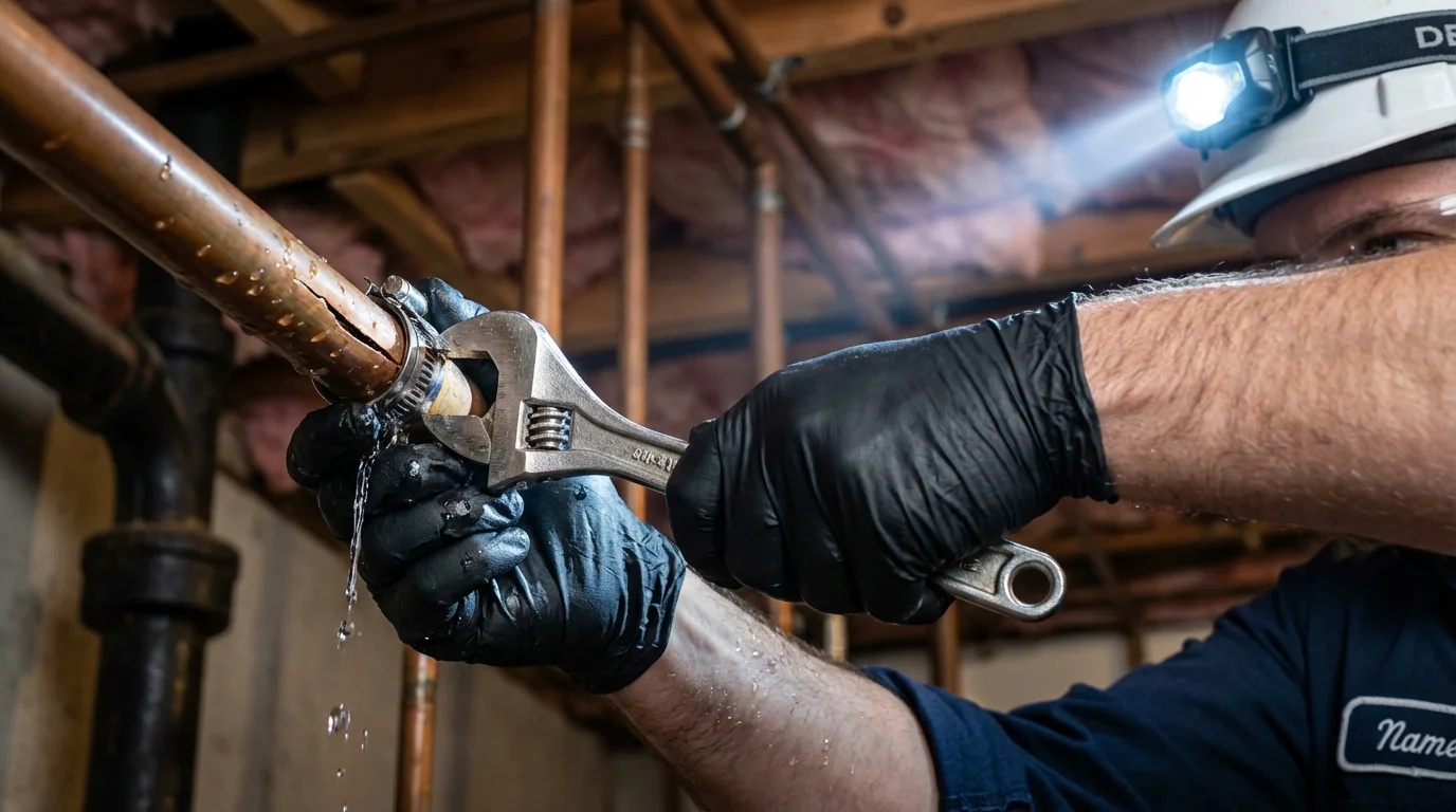 Emergency pipe clamp repair being performed by a Johns Plumbing LLC plumber in Cary