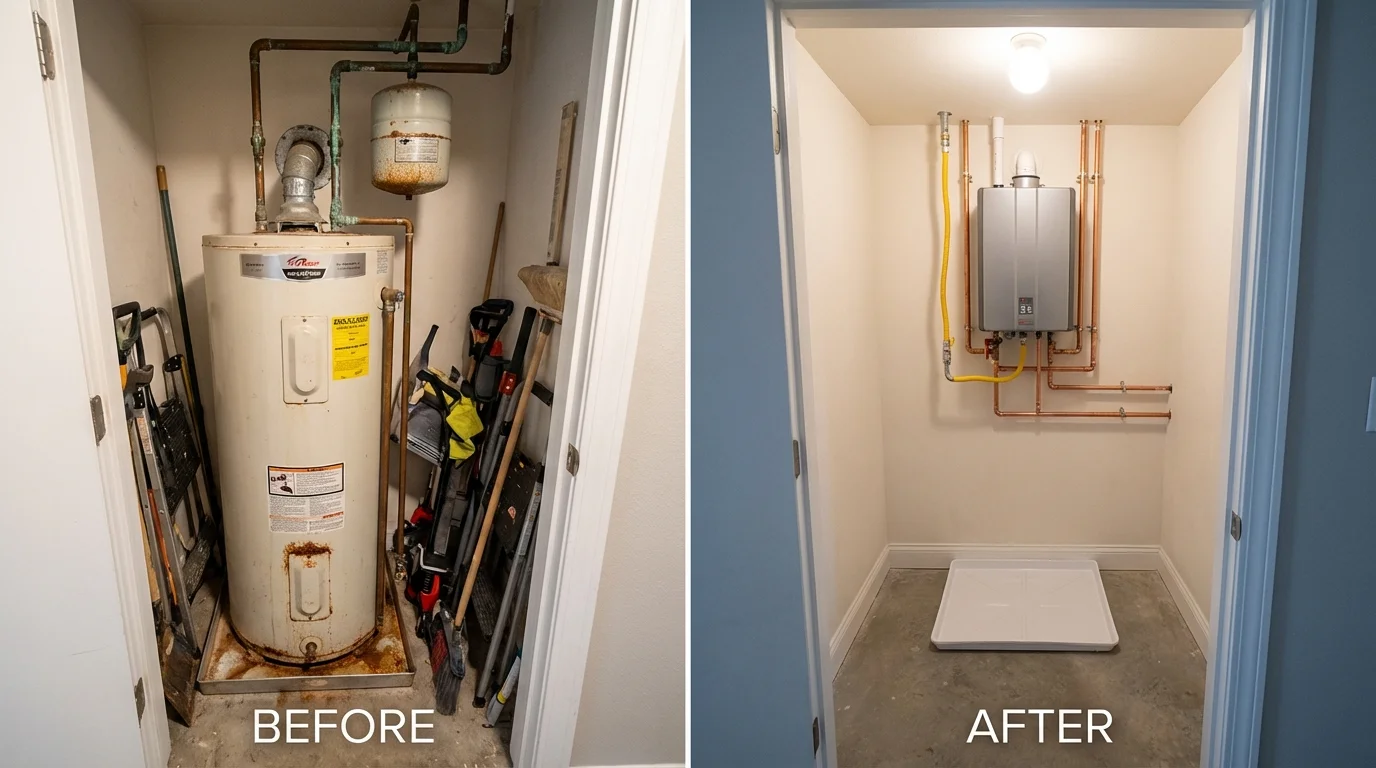 Tank water heater versus wall-mounted tankless unit comparison for Cary, NC homeowners
