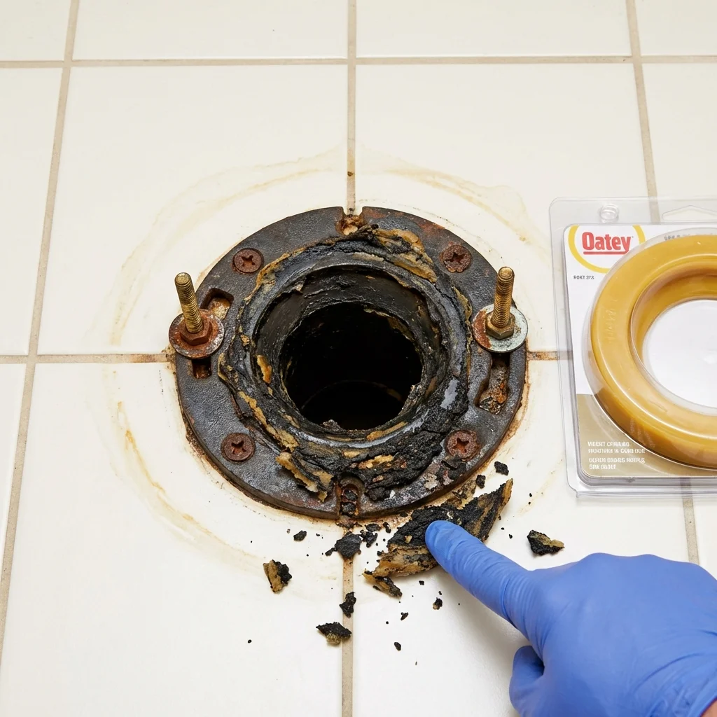 Failed wax ring showing water seepage at the base of a toilet in a Cary, NC home