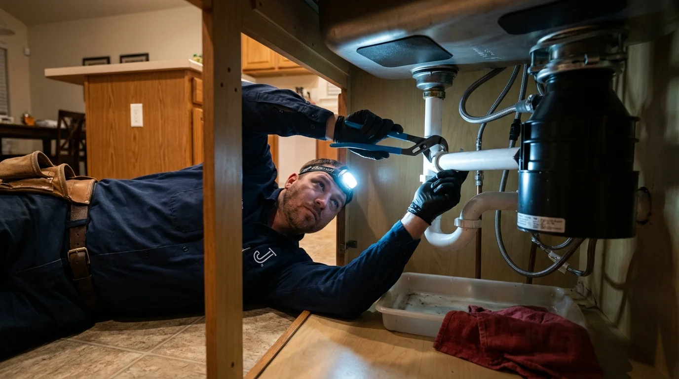 P-trap and supply line connections under a kitchen sink showing a common leak point in Cary, NC